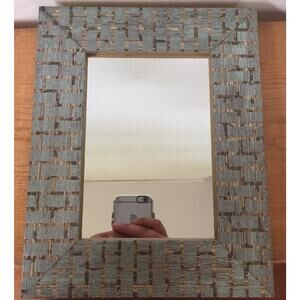 Vintage Rectangular Table Top Framed Mirror Gold Wooden Frame Blue Accents 8x10